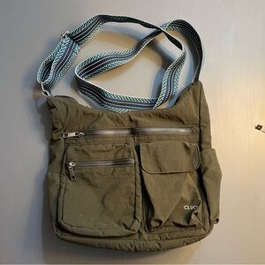 Olive Green Crossbody Bag, many pockets. Blue adjustable Strap.